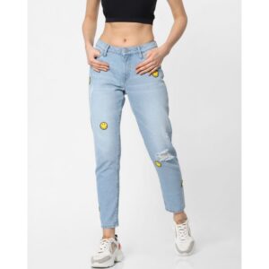 Wissdeal x smiley blue mid rise smiley print mom jeans