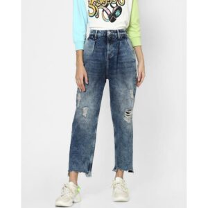 Wissdeal blue high rise slouch fit distressed jeans